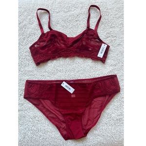 Wireless Unlined Red Striped Lace Sheer Bra and Panty Set